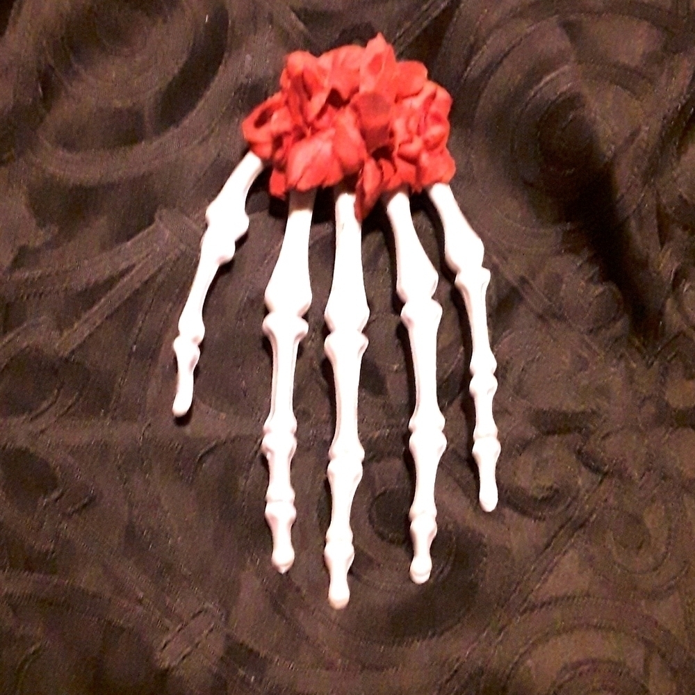 Skeleton hand rose hair clip